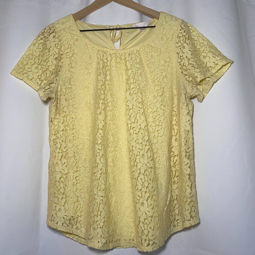 LC Lauren Conrad Lace Overlay Blouse Womens L Yellow Fairy Cottagecore Lined EUC